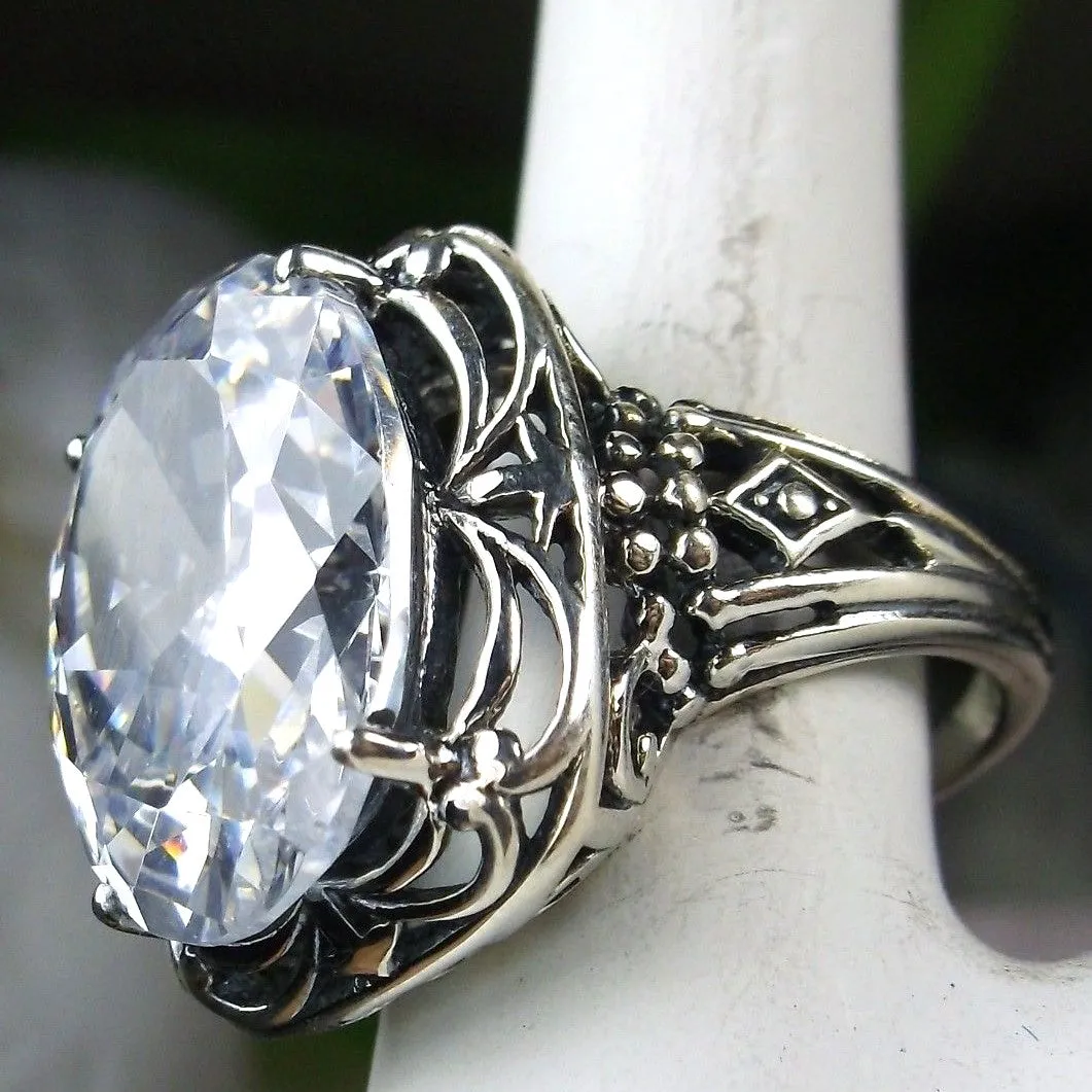 White CZ Ring, Oval Gemstone, Retro Swirl Filigree, Art Deco Vintage Jewelry, D119