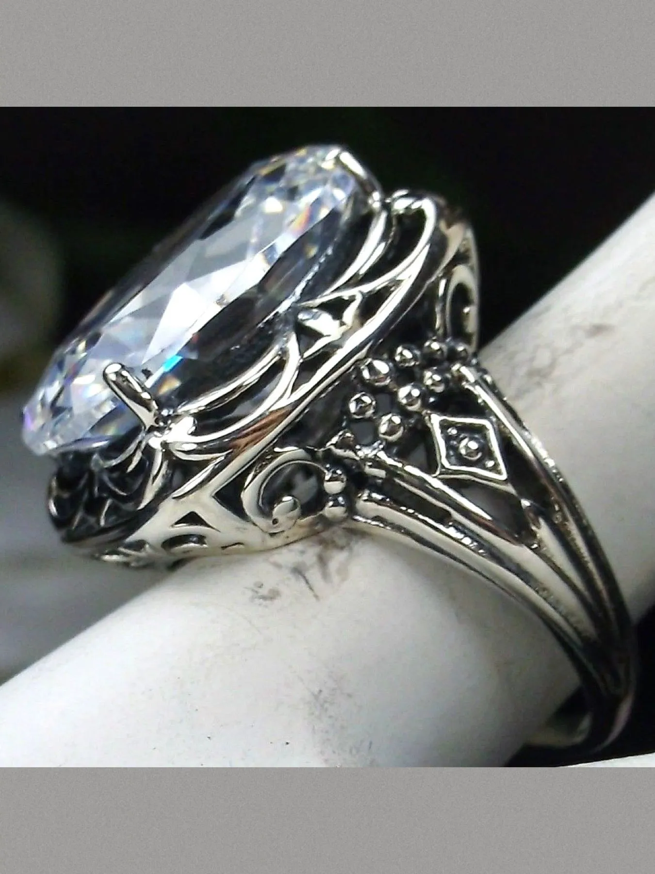 White CZ Ring, Oval Gemstone, Retro Swirl Filigree, Art Deco Vintage Jewelry, D119