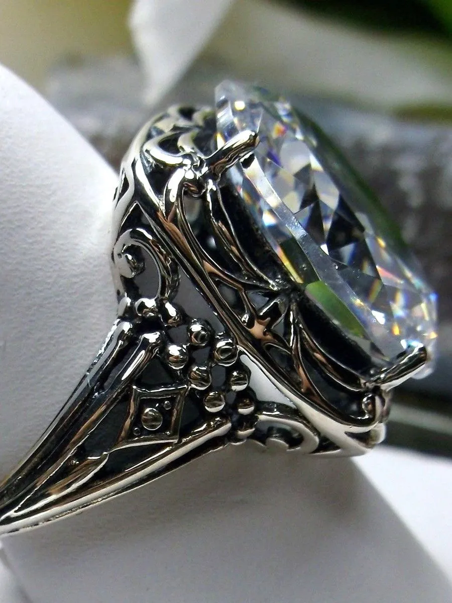 White CZ Ring, Oval Gemstone, Retro Swirl Filigree, Art Deco Vintage Jewelry, D119