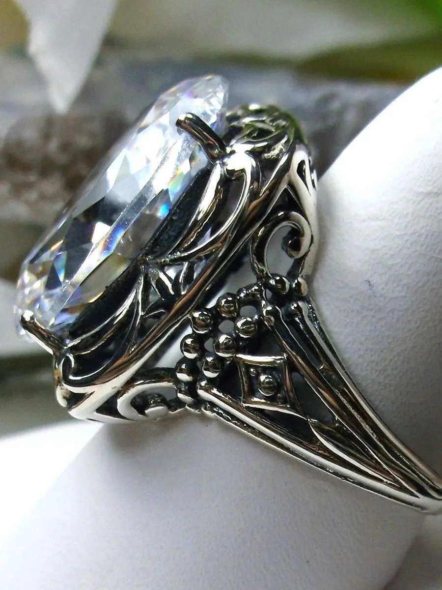 White CZ Ring, Oval Gemstone, Retro Swirl Filigree, Art Deco Vintage Jewelry, D119