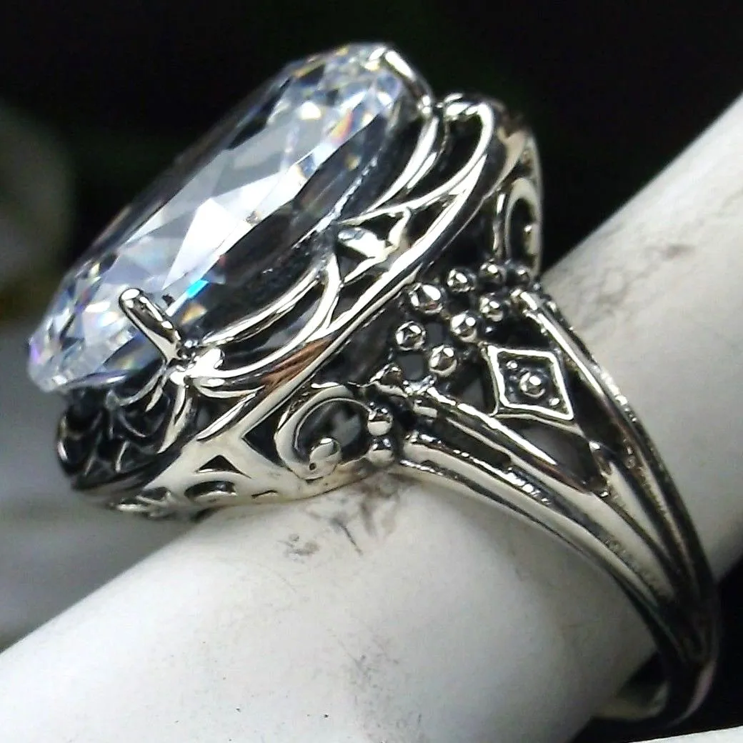 White CZ Ring, Oval Gemstone, Retro Swirl Filigree, Art Deco Vintage Jewelry, D119