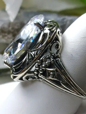 White CZ Ring, Oval Gemstone, Retro Swirl Filigree, Art Deco Vintage Jewelry, D119