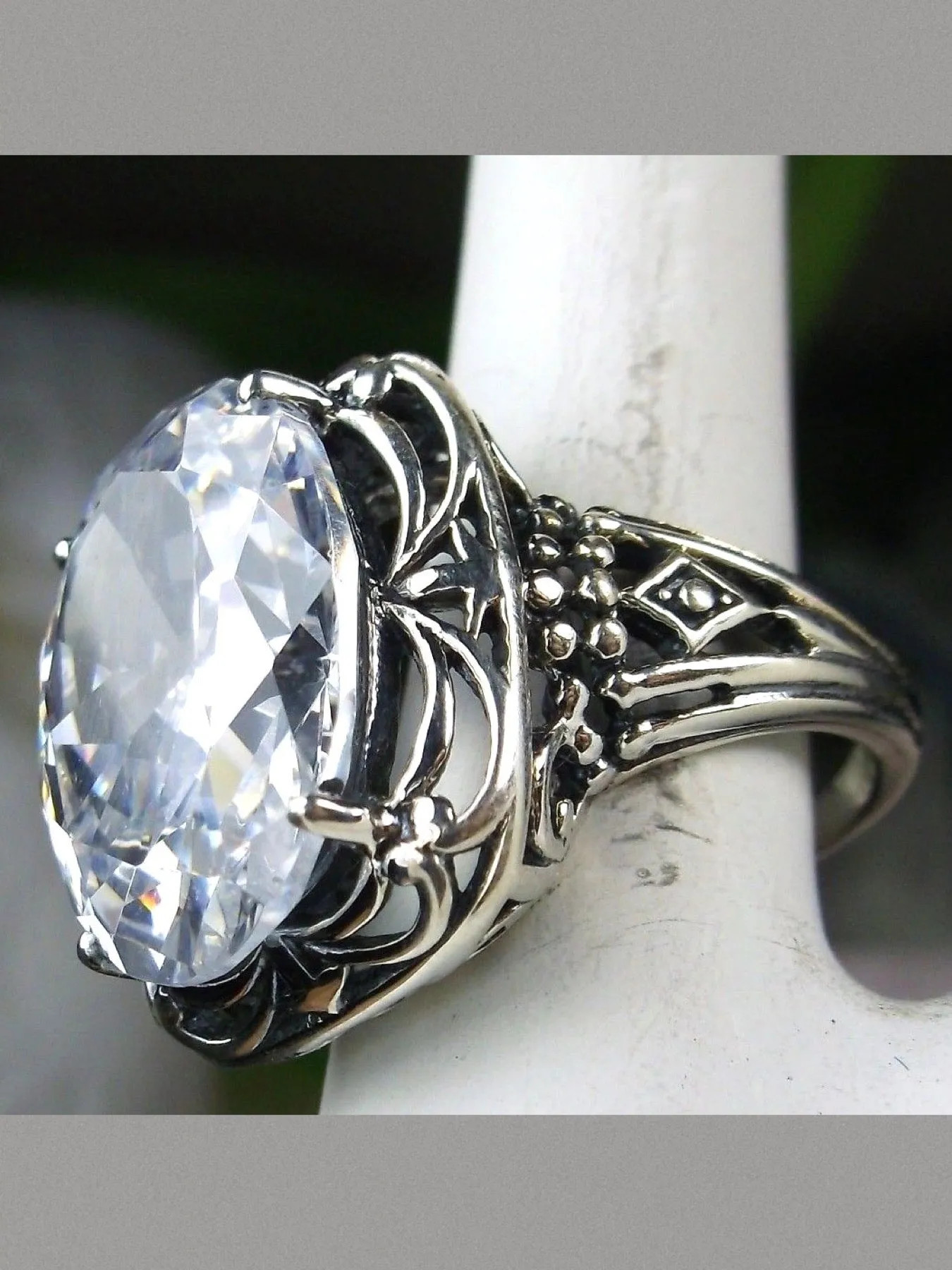 White CZ Ring, Oval Gemstone, Retro Swirl Filigree, Art Deco Vintage Jewelry, D119