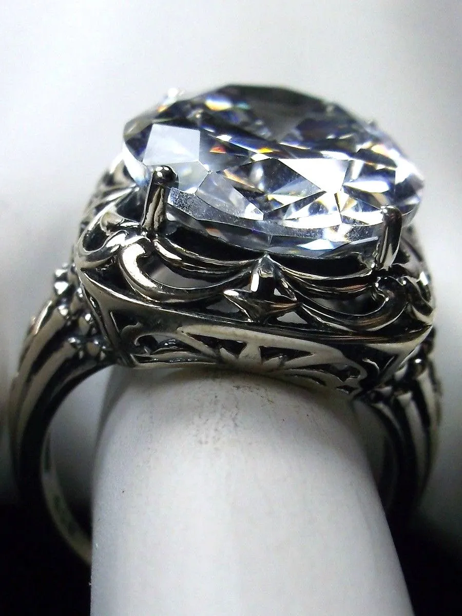 White CZ Ring, Oval Gemstone, Retro Swirl Filigree, Art Deco Vintage Jewelry, D119