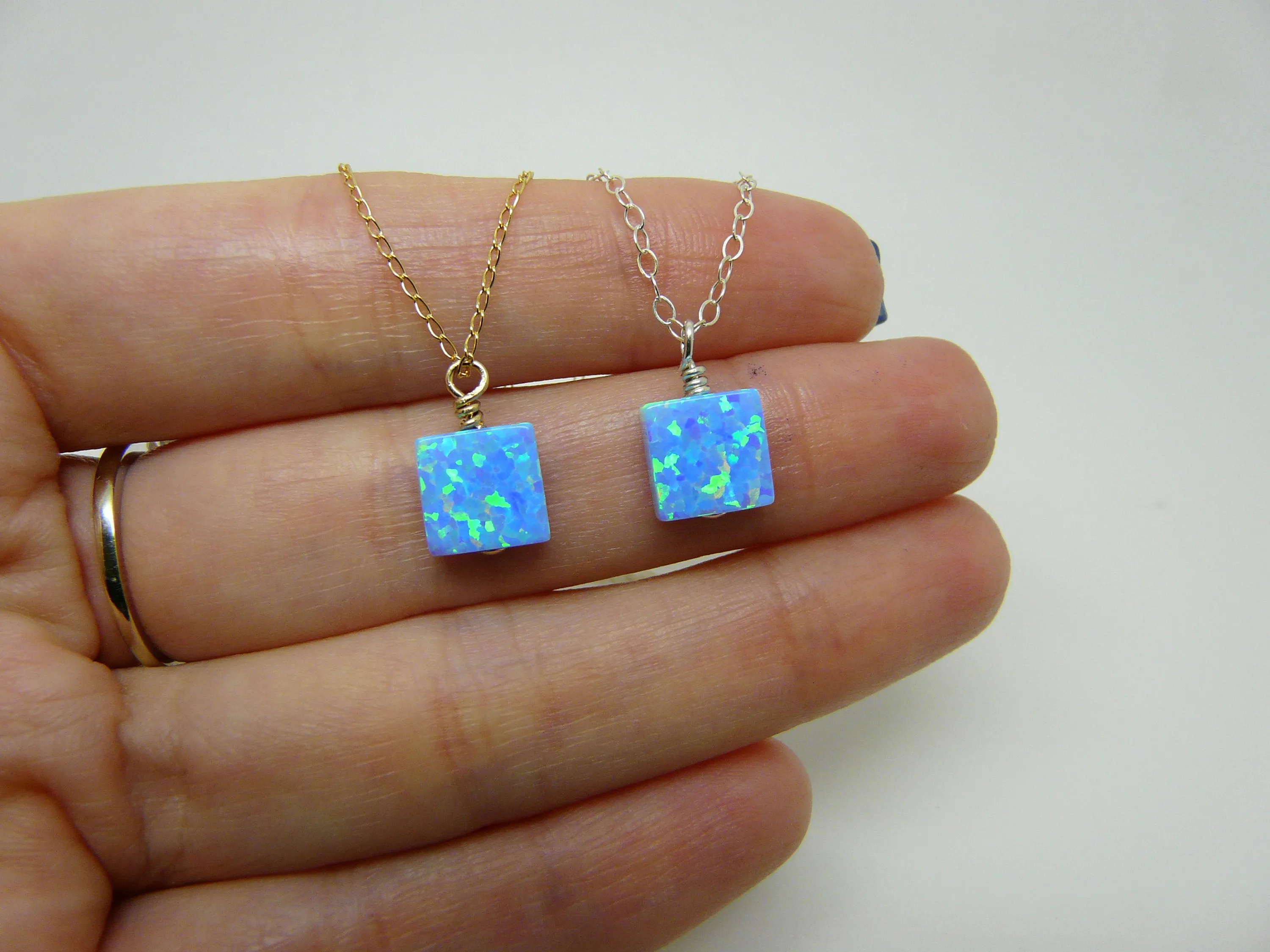 Wire Wrapped Opal Necklace – Minimalist Geometric Charm
