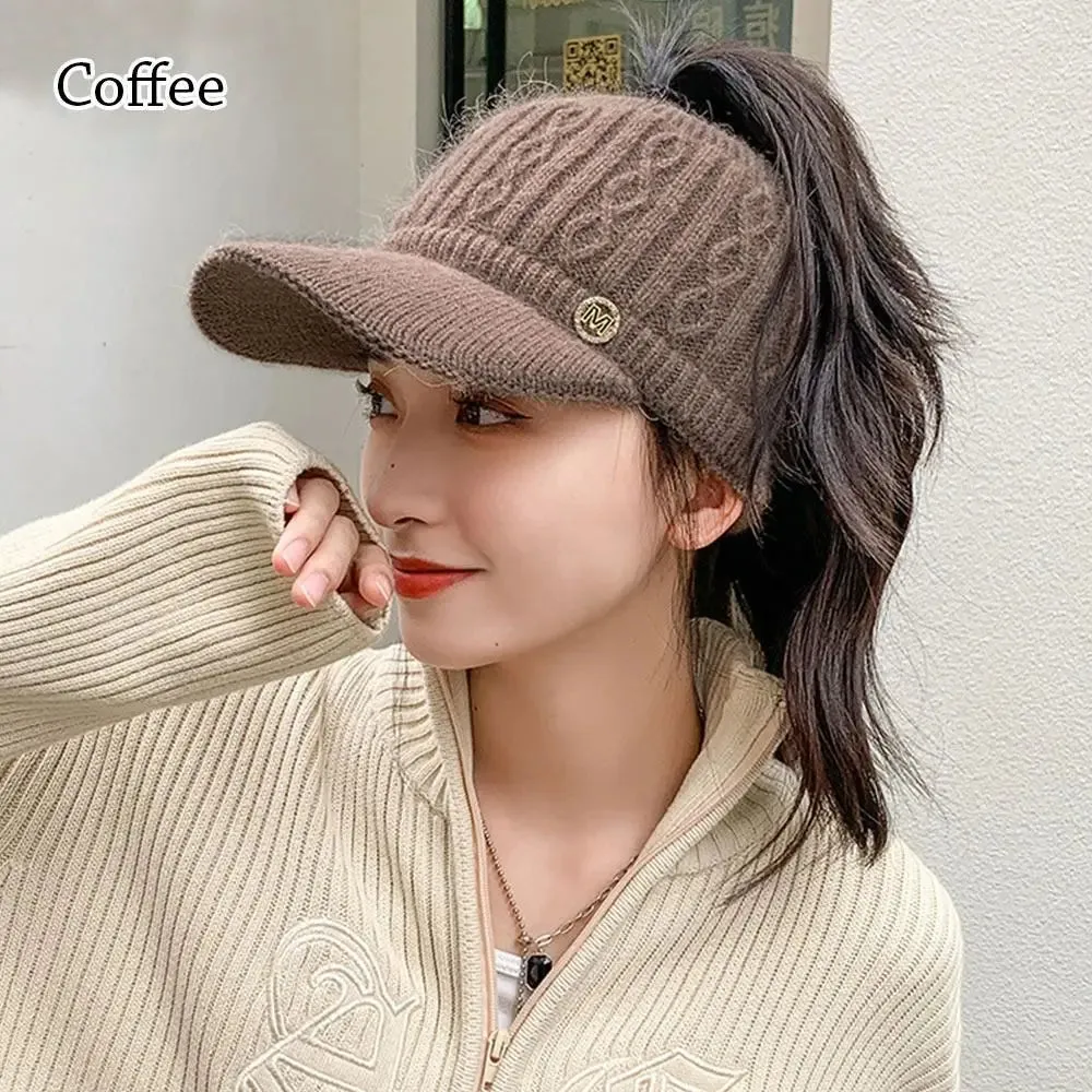 Women's Rabbit Knitted Ponytail Hat - Autumn Winter Warm Outdoor Sports Golf Baseball Cap with Empty Top