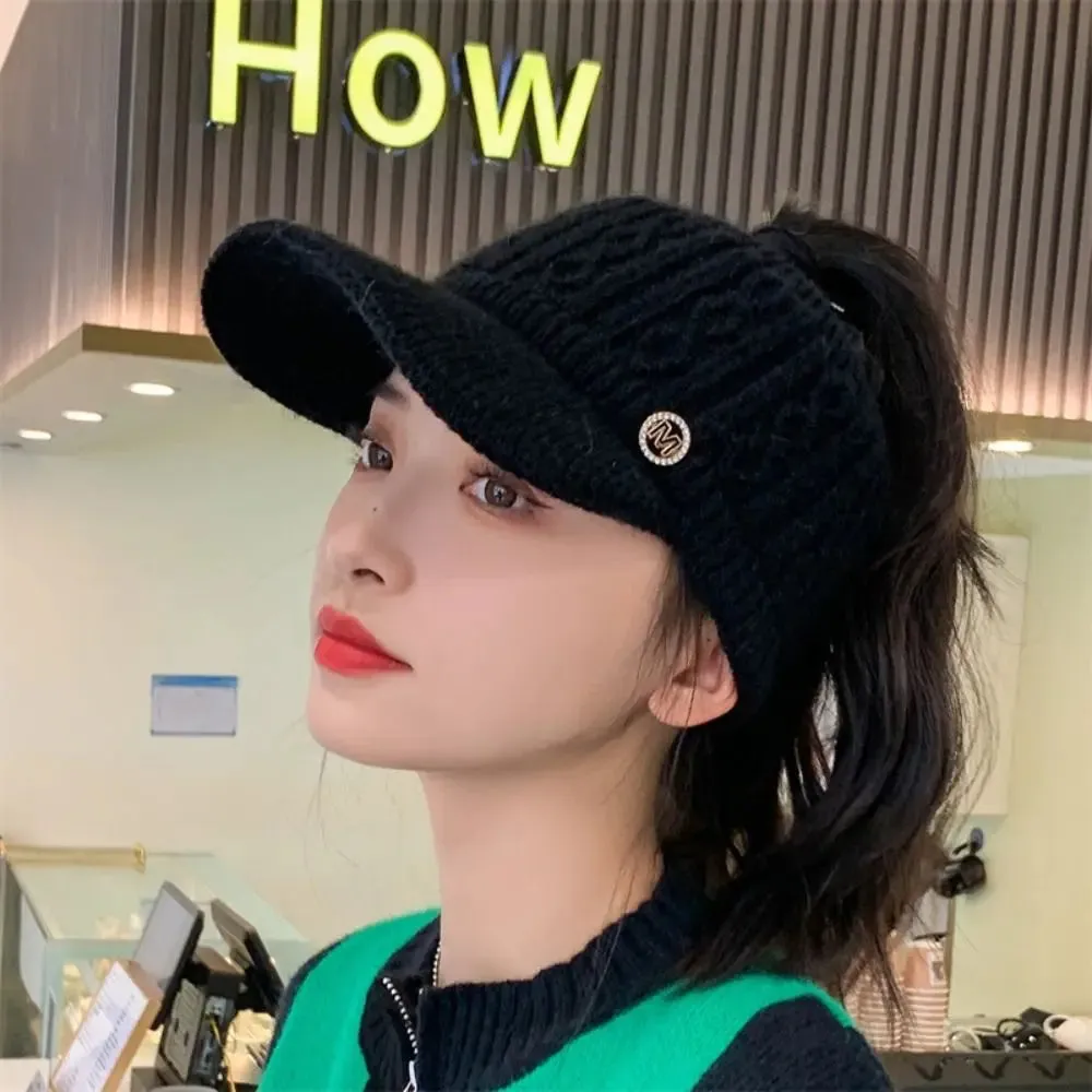 Women's Rabbit Knitted Ponytail Hat - Autumn Winter Warm Outdoor Sports Golf Baseball Cap with Empty Top