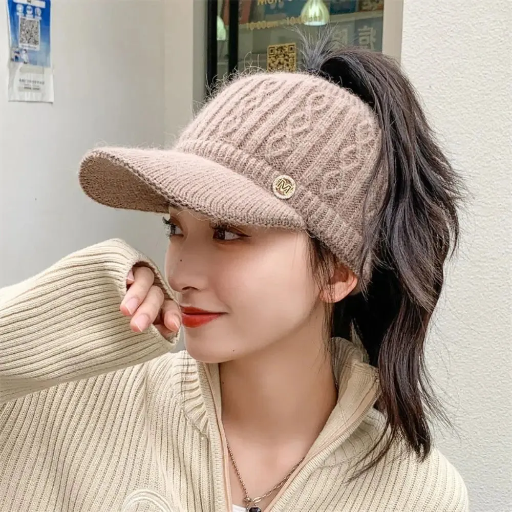 Women's Rabbit Knitted Ponytail Hat - Autumn Winter Warm Outdoor Sports Golf Baseball Cap with Empty Top