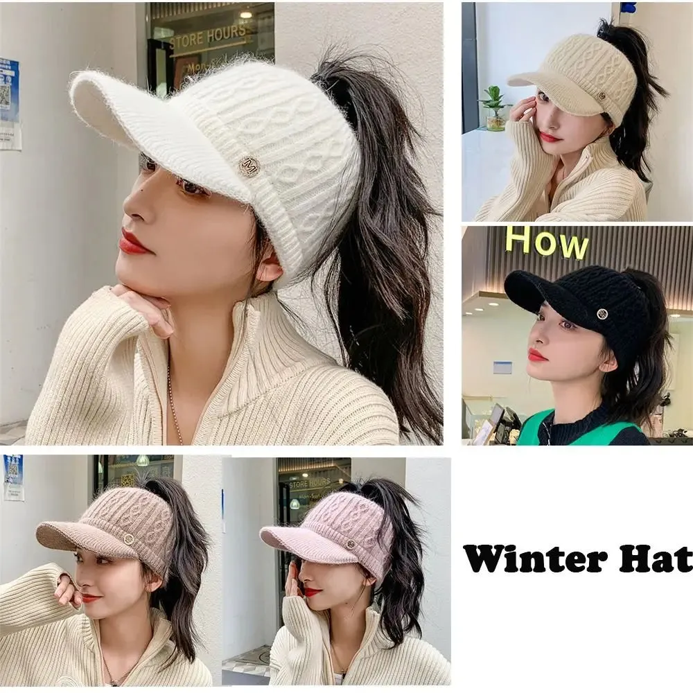 Women's Rabbit Knitted Ponytail Hat - Autumn Winter Warm Outdoor Sports Golf Baseball Cap with Empty Top
