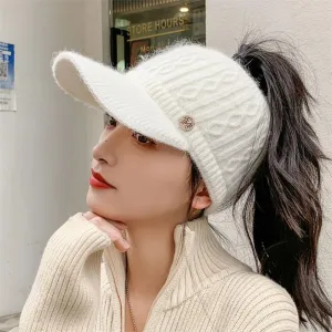Women's Rabbit Knitted Ponytail Hat - Autumn Winter Warm Outdoor Sports Golf Baseball Cap with Empty Top