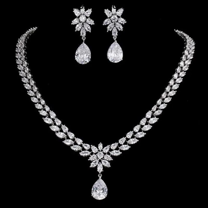 Women's Romantic Trendy Flower Design Water Drop CZ Party Silver-color Jewelry set