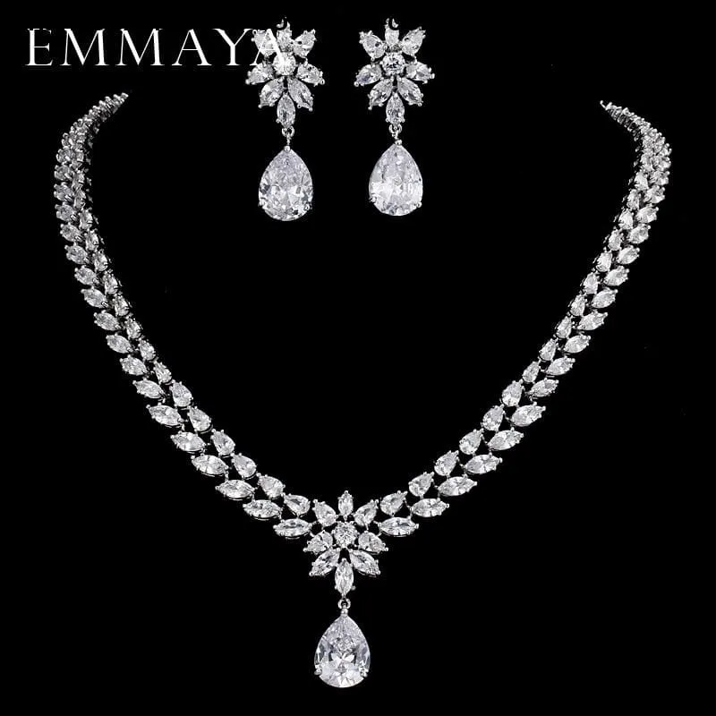 Women's Romantic Trendy Flower Design Water Drop CZ Party Silver-color Jewelry set