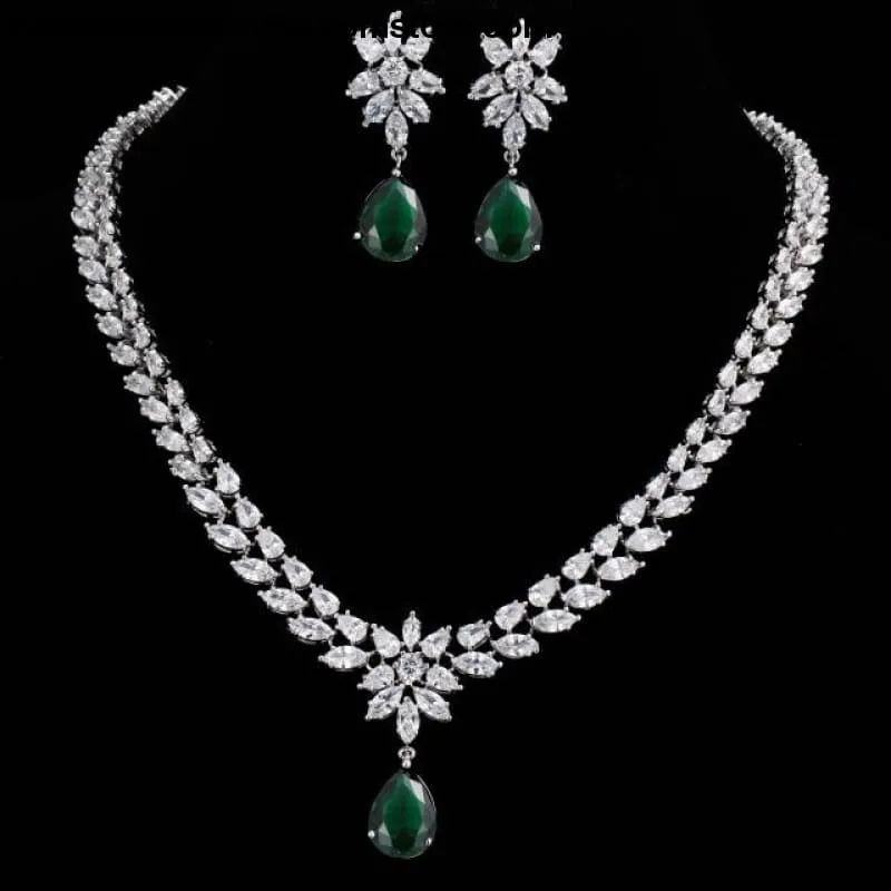 Women's Romantic Trendy Flower Design Water Drop CZ Party Silver-color Jewelry set