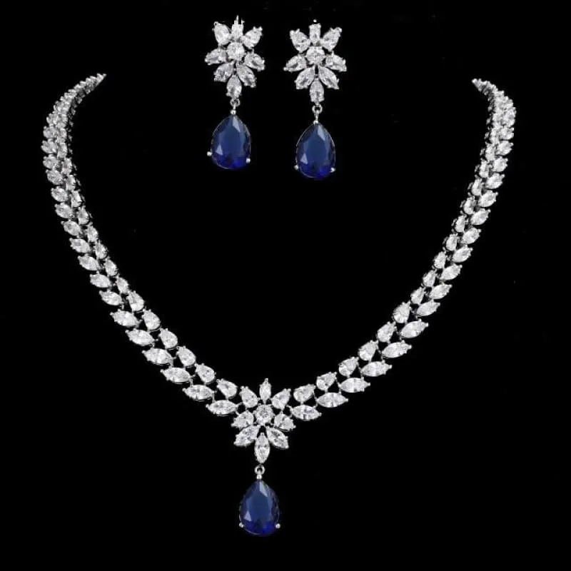 Women's Romantic Trendy Flower Design Water Drop CZ Party Silver-color Jewelry set