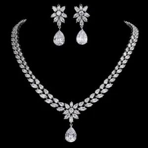 Women's Romantic Trendy Flower Design Water Drop CZ Party Silver-color Jewelry set