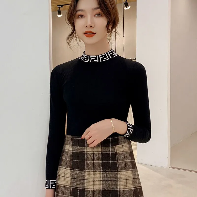 Womens Sweaters Autumn and Winter Fashion Women's Sweater High ElasticTurtleneck Sweater Female Slim Letter Long Sleeve Pullover