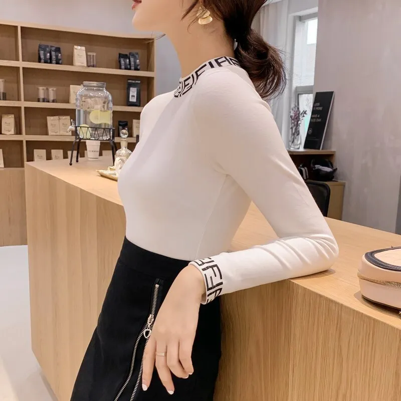 Womens Sweaters Autumn and Winter Fashion Women's Sweater High ElasticTurtleneck Sweater Female Slim Letter Long Sleeve Pullover
