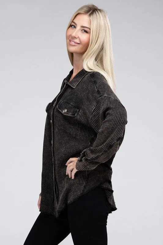 ZENANA Acid Wash Oversized Cotton Waffle Shacket