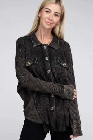 ZENANA Acid Wash Oversized Cotton Waffle Shacket