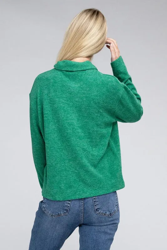 ZENANA Brushed Melange Hacci Collared Sweater