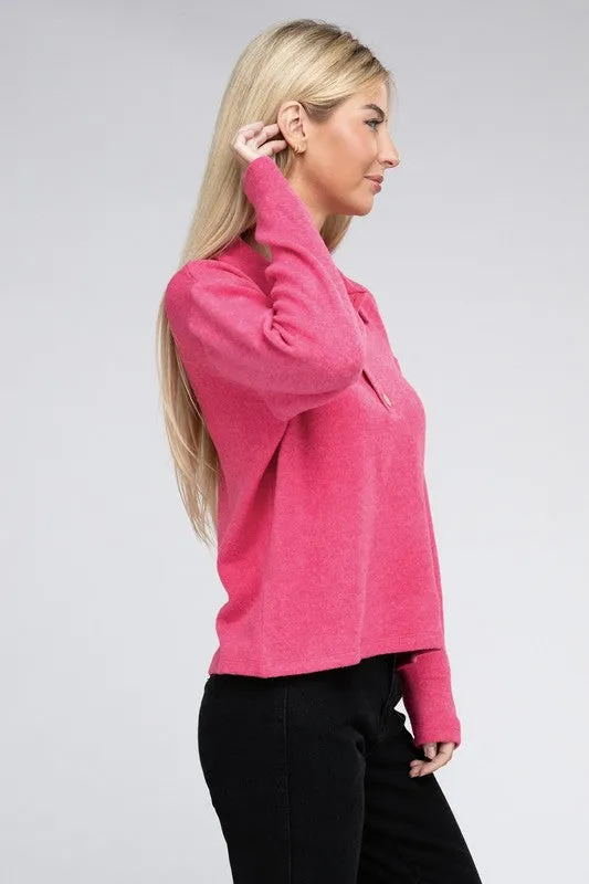 ZENANA Brushed Melange Hacci Collared Sweater