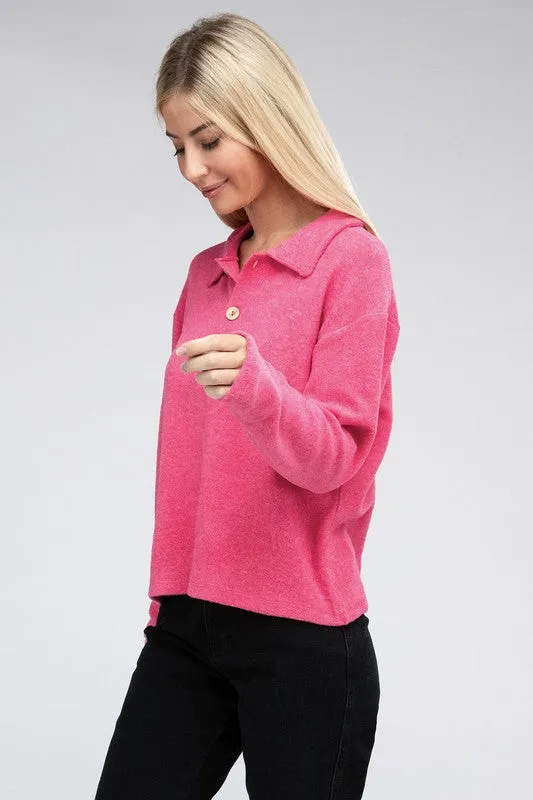 ZENANA Brushed Melange Hacci Collared Sweater
