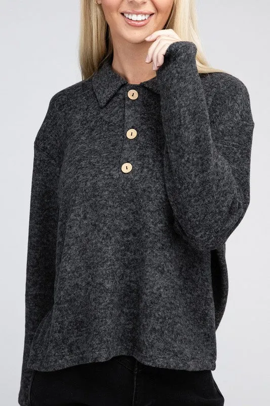 ZENANA Brushed Melange Hacci Collared Sweater