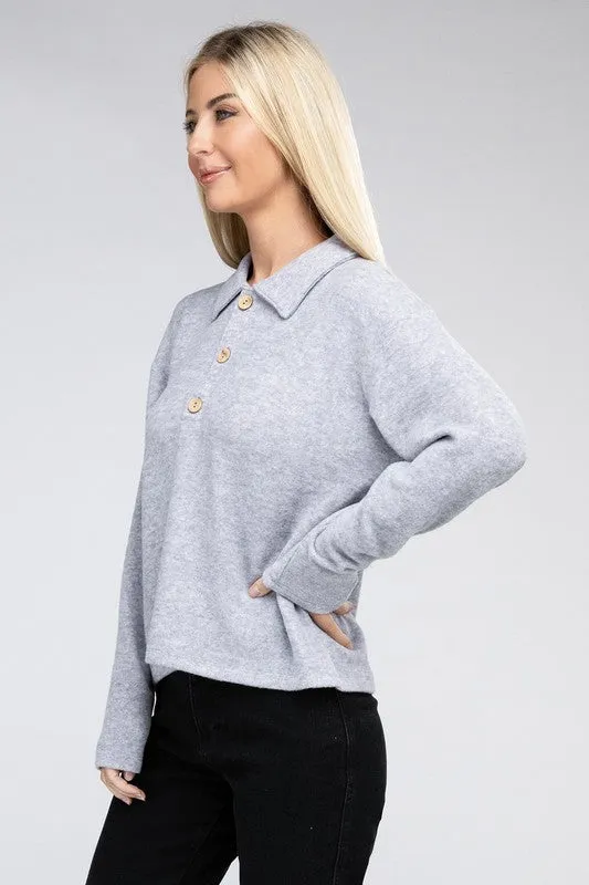 ZENANA Brushed Melange Hacci Collared Sweater