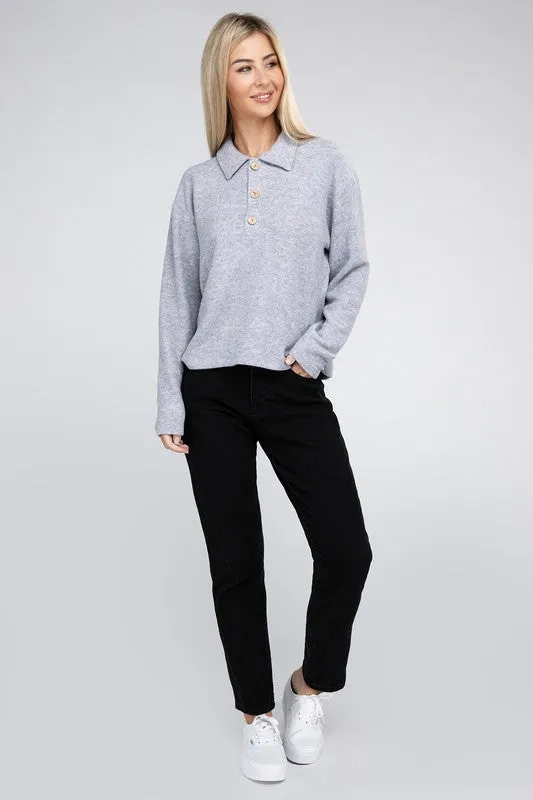 ZENANA Brushed Melange Hacci Collared Sweater