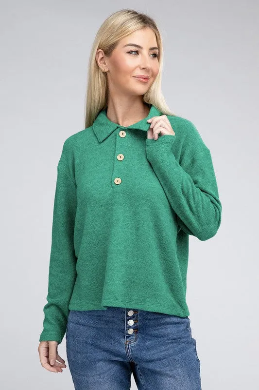 ZENANA Brushed Melange Hacci Collared Sweater
