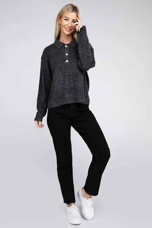ZENANA Brushed Melange Hacci Collared Sweater