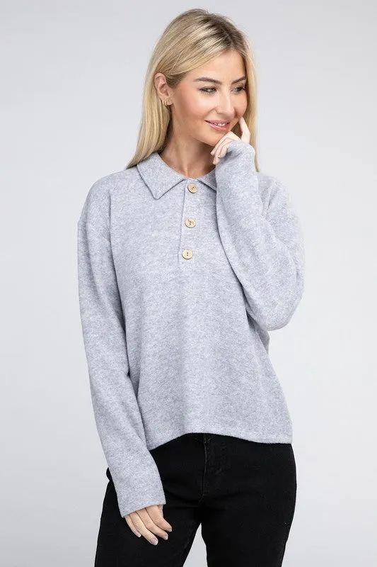 ZENANA Brushed Melange Hacci Collared Sweater