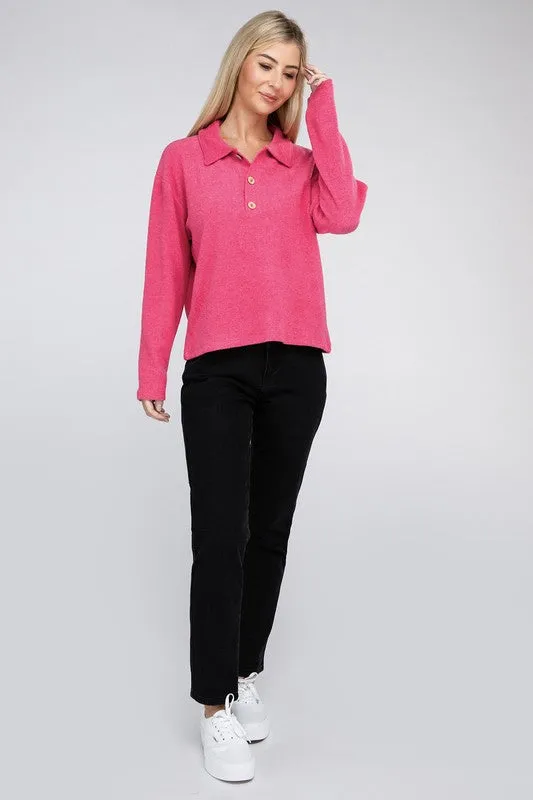 ZENANA Brushed Melange Hacci Collared Sweater