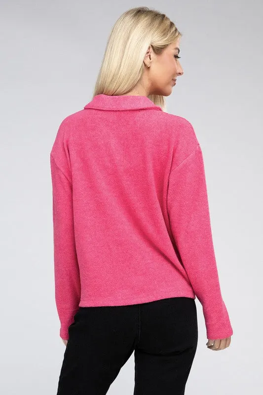 ZENANA Brushed Melange Hacci Collared Sweater