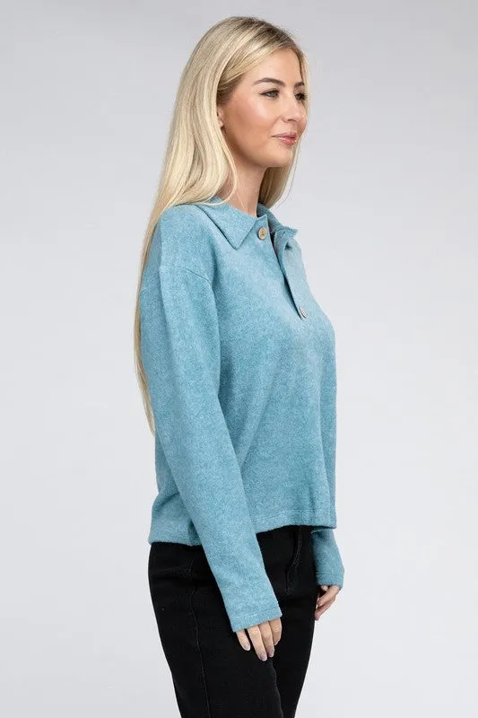 ZENANA Brushed Melange Hacci Collared Sweater