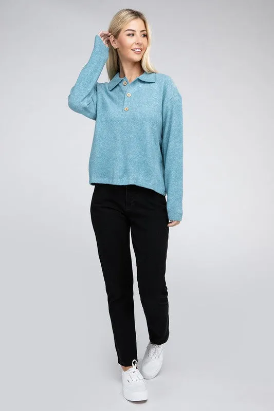 ZENANA Brushed Melange Hacci Collared Sweater