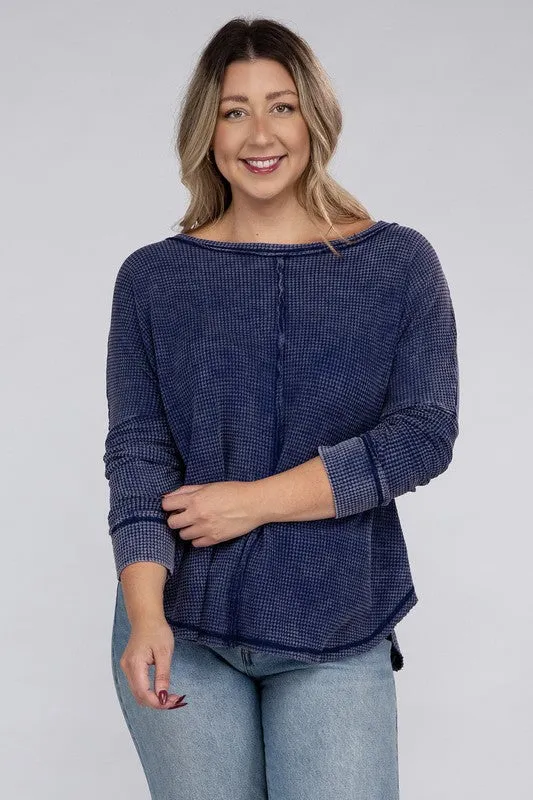 ZENANA Plus Washed Baby Waffle Oversized Long Sleeve Top