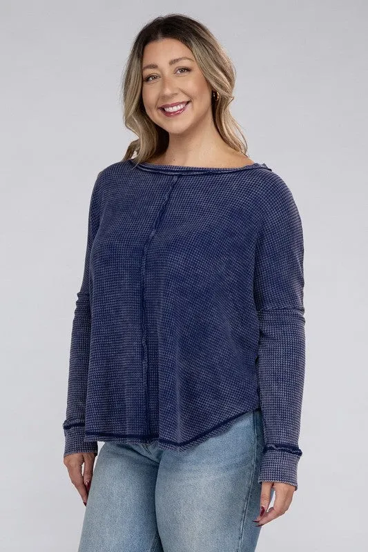 ZENANA Plus Washed Baby Waffle Oversized Long Sleeve Top