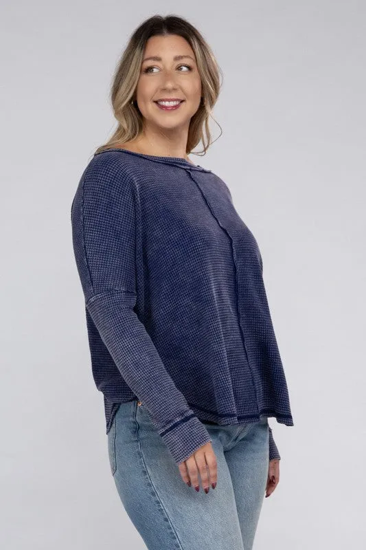 ZENANA Plus Washed Baby Waffle Oversized Long Sleeve Top