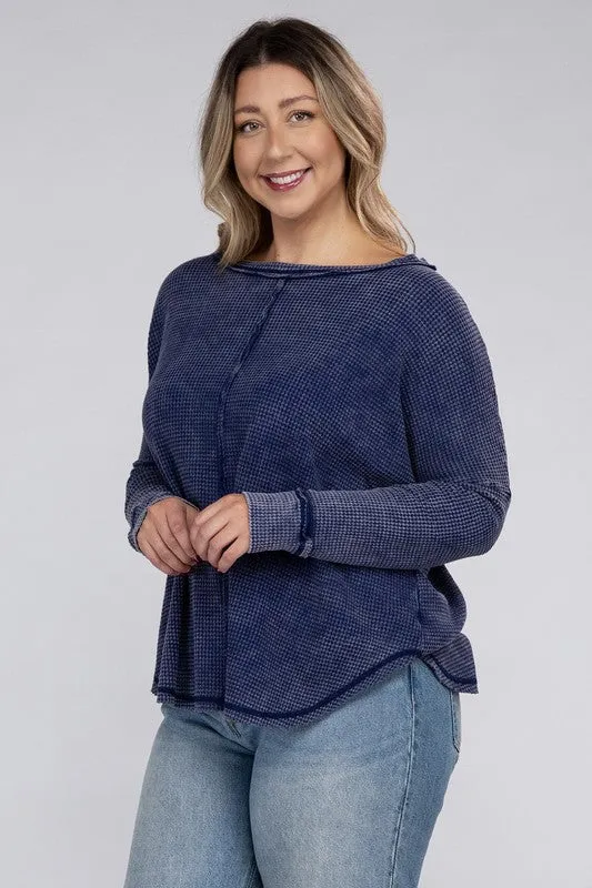 ZENANA Plus Washed Baby Waffle Oversized Long Sleeve Top
