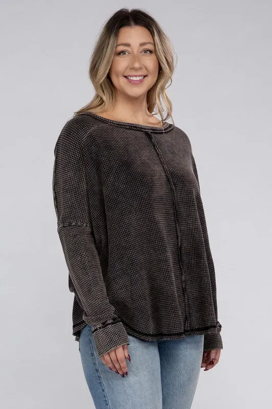 ZENANA Plus Washed Baby Waffle Oversized Long Sleeve Top