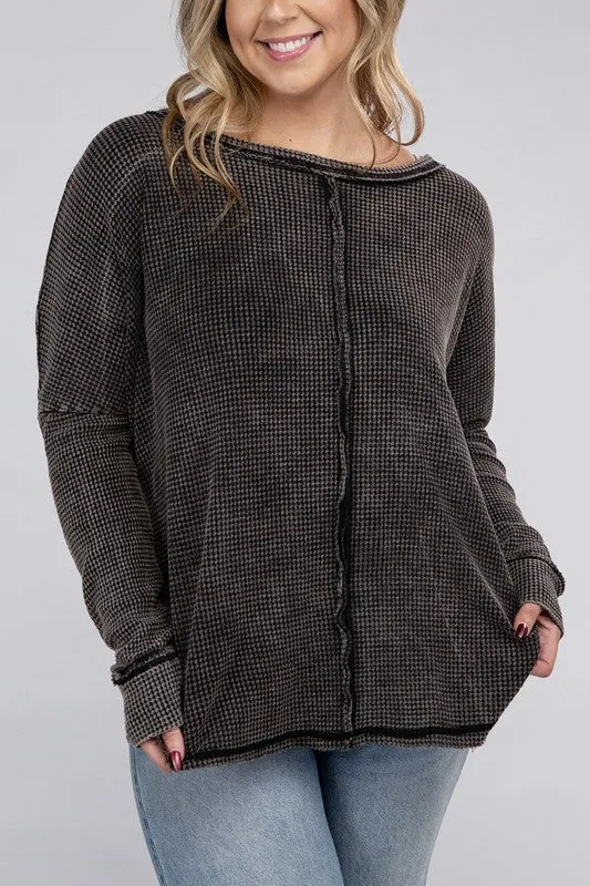 ZENANA Plus Washed Baby Waffle Oversized Long Sleeve Top