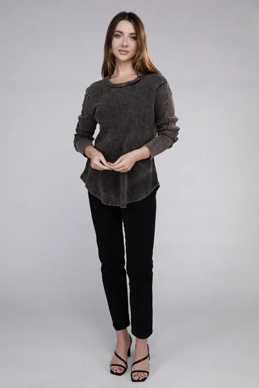 ZENANA Washed Baby Waffle Long Sleeve Top