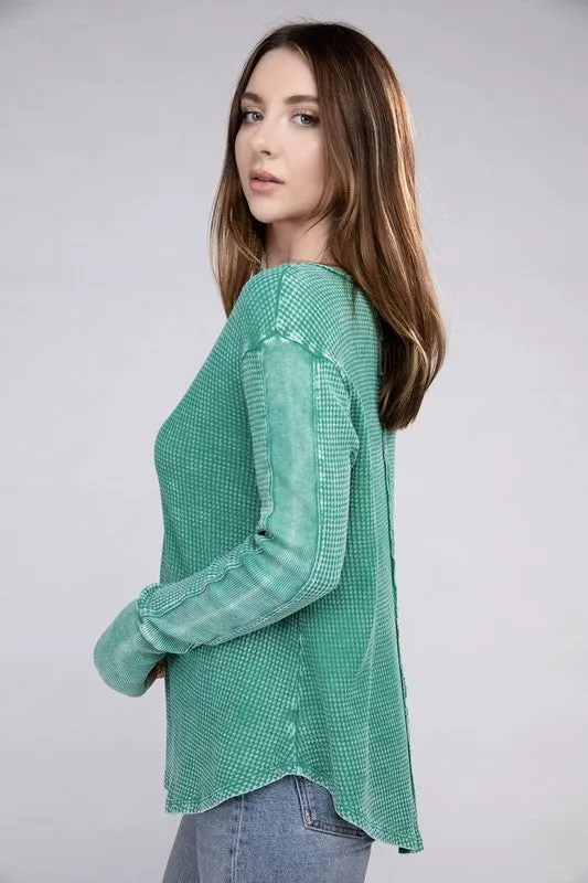 ZENANA Washed Baby Waffle Long Sleeve Top
