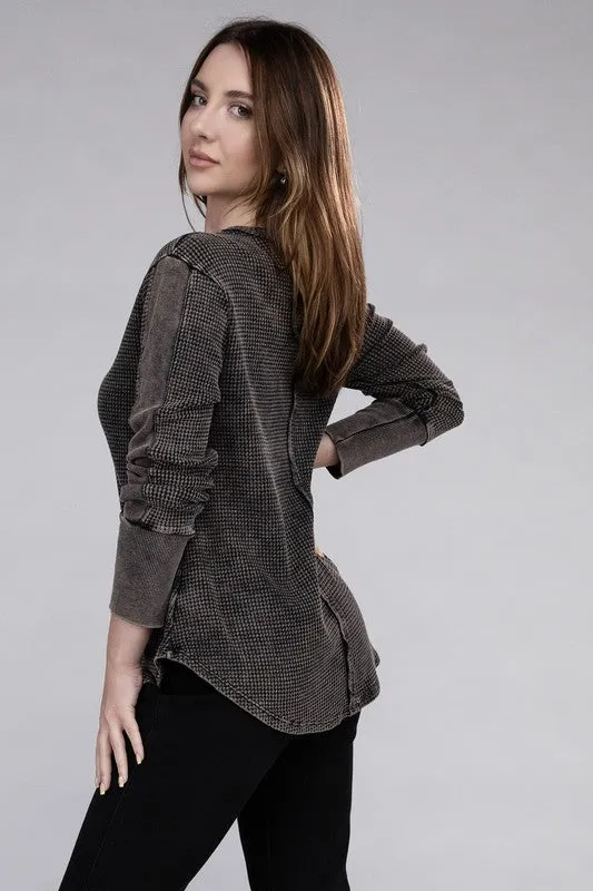 ZENANA Washed Baby Waffle Long Sleeve Top