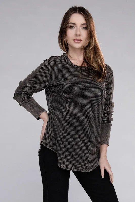 ZENANA Washed Baby Waffle Long Sleeve Top