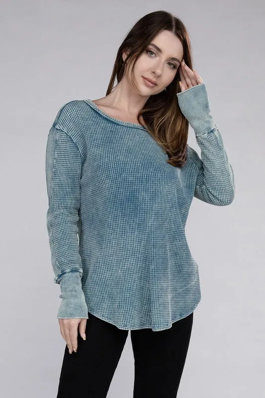 ZENANA Washed Baby Waffle Long Sleeve Top
